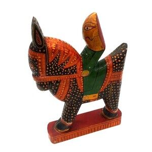 Vintage Indian 10" Carved Wooden Painted Folk Art Hindu Rider On Horse Figure